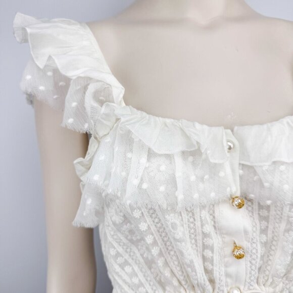 THE KOOPLES Feminine Embroidered Whiteโ Ruffled Crop Sheer Blouse Frilled Top S - Picture 7 of 14